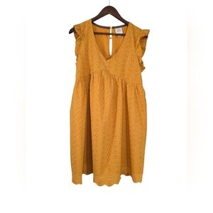 Knox Rose V Neck Eyelet Empire Waist Dress Mustard Cottage Ruffle Sleeve Size S‎